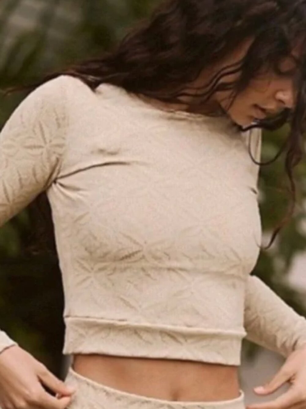 SEEA Palomar Crop Top Shirt Womens Medium Beige Jacquard UPF 30+ Rashguard Surf